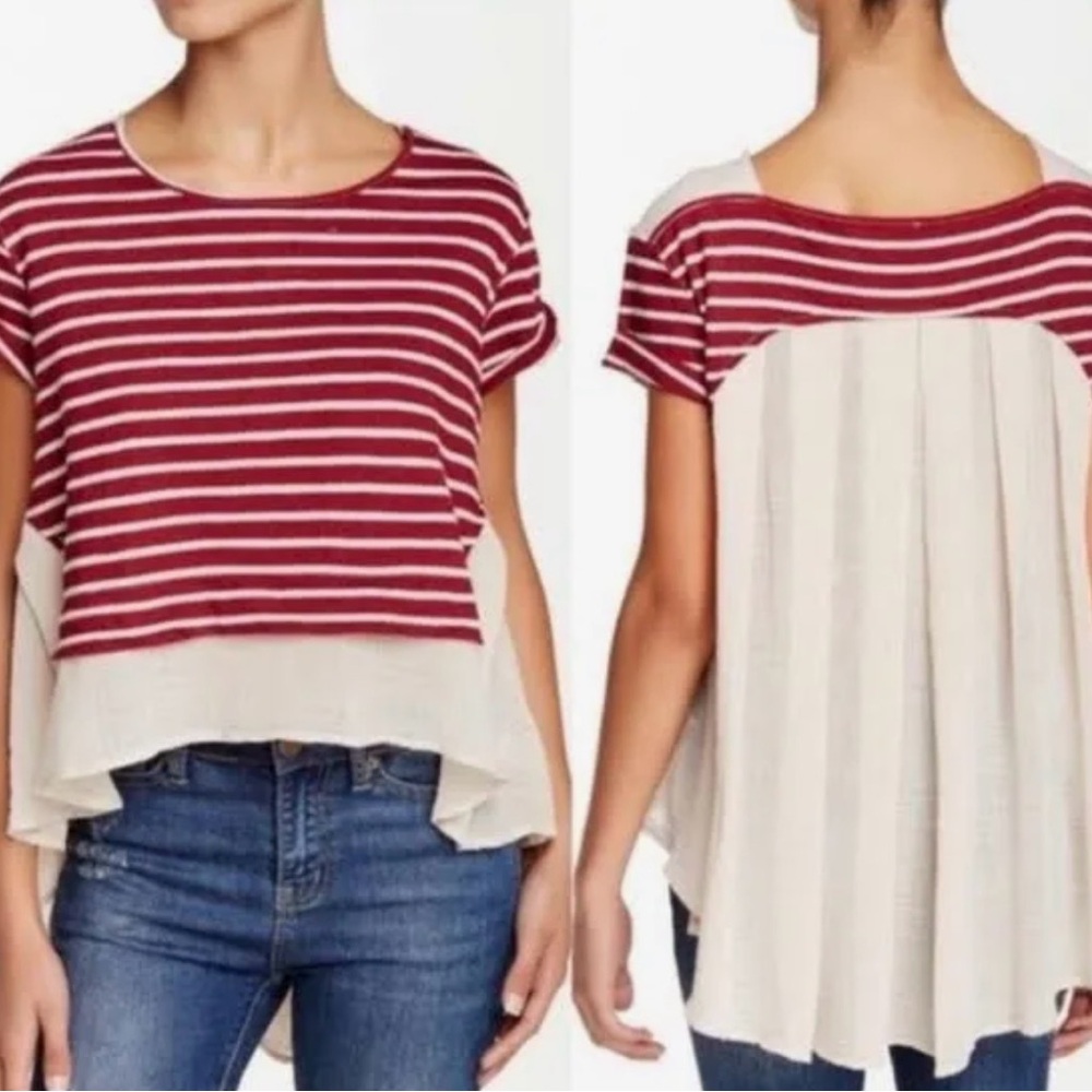 Free People Red and Cream Striped Short Sleeve Top
